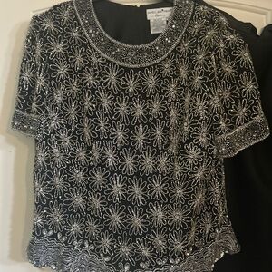 2 pieces Elegant Black and Silver Beaded Women's Top and black silk skirt size1X